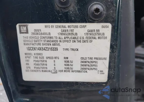 2004 Chevrolet Silverado 1500 Work Truck z USA, uszkodzony, nr VIN 1GCEK14X84Z316339